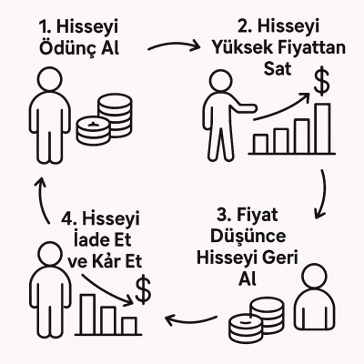 Açığa satış döngüsünü 4 adımda gösteren basit bir şema: 1. Hisseyi Ödünç Al, 2. Hisseyi Yüksek Fiyattan Sat, 3. Fiyat Düşünce Hisseyi Geri Al, 4. Hisseyi İade Et ve Kâr Et.