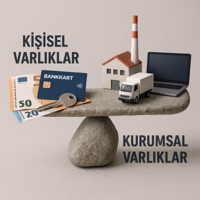 Bir tarafında para, banka kartı, ev anahtarı gibi kişisel varlıkların, diğer tarafında fabrika, kamyon, bilgisayar gibi kurumsal varlıkların olduğu bir konsept görsel.