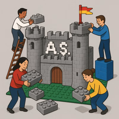 Lego parçalarından yapılmış bir kale. Kalenin üzerinde "A.Ş." yazıyor. Kaleye Lego parçası ekleyen insanlar (ortaklar) çizimi.