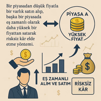 Arbitraj işlemini (Piyasa A'dan al, Piyasa B'ye sat) ve aradaki kâr marjını gösteren basit bir infografik.