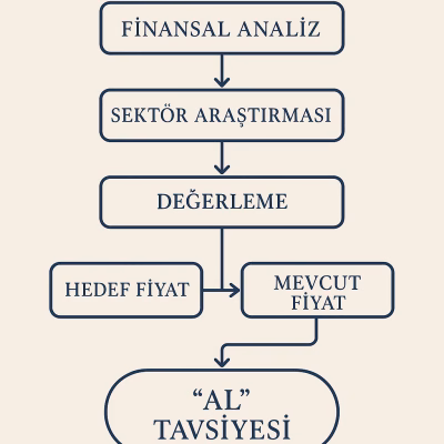 Analistin "Al" tavsiyesi verme sürecini gösteren bir akış şeması: Finansal Analiz -> Sektör Araştırması -> Değerleme -> Hedef Fiyat > Mevcut Fiyat -> "AL" TAVSİYESİ.