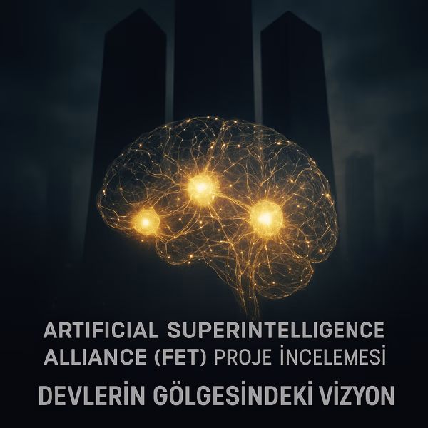 Artificial Superintelligence Alliance (FET/ASI) proje incelemesini temsil eden, merkeziyetsiz yapay zekanın dev rakiplerine meydan okumasını anlatan konsept kapak görseli.