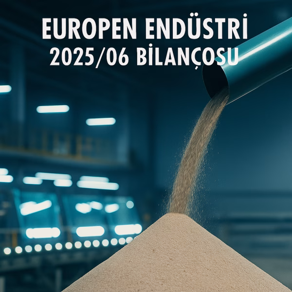 uropen Endüstri 2025 ikinci çeyrek bilanço analizini temsil eden, üretim bandından kum dökülen konsept kapak görseli.