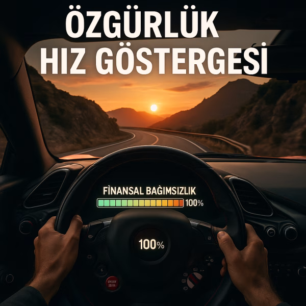 Finansal bağımsızlık hız göstergesi konseptini anlatan, direksiyon başındaki bir sürücünün olduğu kapak görseli.
