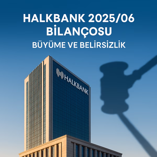 Halkbank 2025 ikinci çeyrek bilanço analizini temsil eden, banka binası ve mahkeme tokmağı gölgesi metaforu içeren kapak görseli.