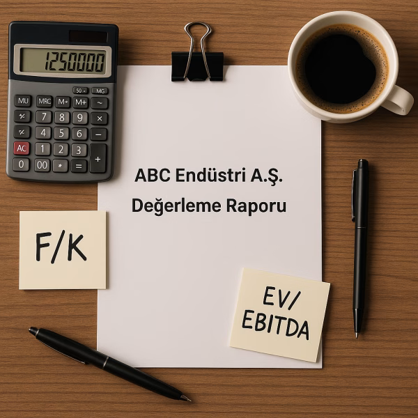 Hisse değerleme vaka analizi: Bir şirket raporu, hesap makinesi ve finansal analiz araçlarının yer aldığı profesyonel çalışma masası.