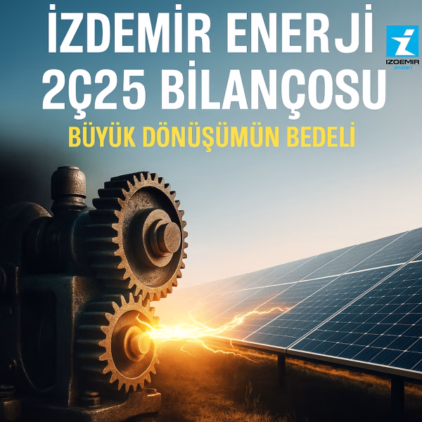 İzdemir Enerji 2025 ikinci çeyrek bilanço analizini temsil eden, endüstriyel verimlilikten güneş enerjisine dönüşümü gösteren konsept kapak görseli.