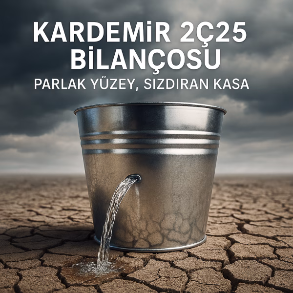 Kardemir 2Ç25 bilanço analizini temsil eden, su sızdıran metal kova konseptli kapak görseli.