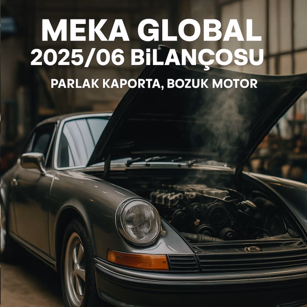 MEKA Global 2025 ikinci çeyrek bilanço analizini temsil eden parlak ama motoru bozuk araba konseptli kapak görseli.