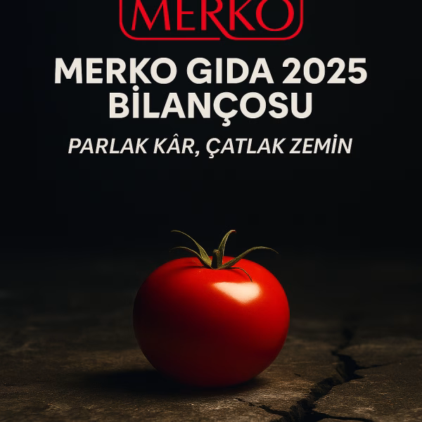 Merko Gıda 2025 bilanço analizini temsil eden, çatlak zemindeki parlak domates konseptli kapak görseli.