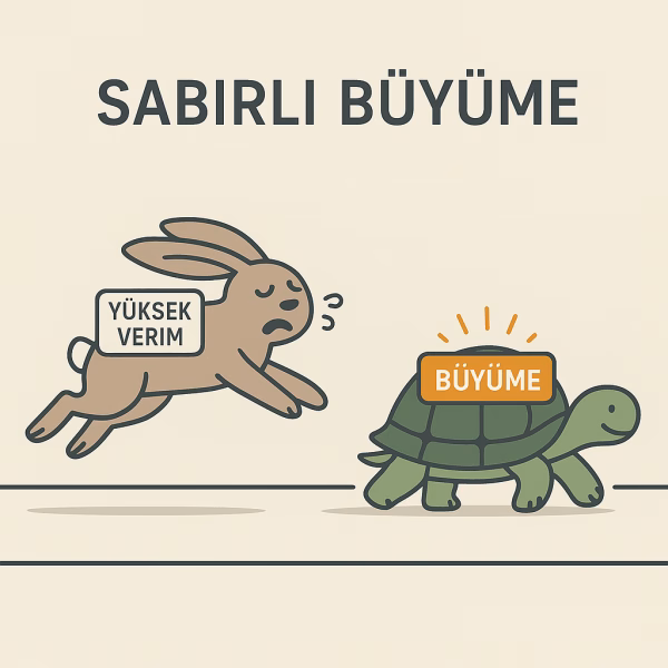 Yüksek temettü verimi (tavşan) ile temettü büyümesi (kaplumbağa) stratejilerinin yarışını gösteren konsept görsel.