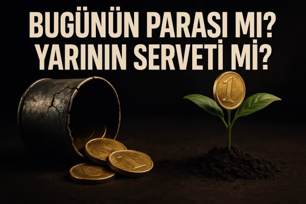 Temettü yatırımında anlık getiri ile gelecekteki büyüme arasındaki seçimi sorgulayan dramatik görsel.