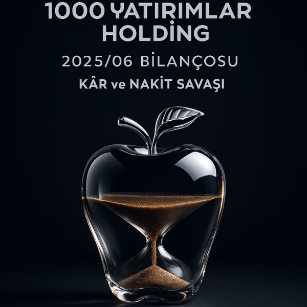 1000 Yatırımlar Holding 2025 ikinci çeyrek bilanço analizini temsil eden, içinden kum akan kristal elma konseptli kapak görseli.