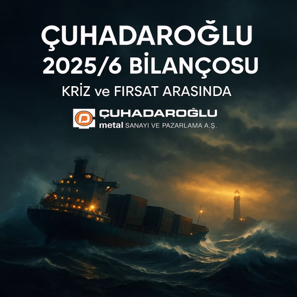 Çuhadaroğlu 2025 ilk yarı bilanço analizini temsil eden, fırtınalı denizde bir gemi konseptli kapak görseli.