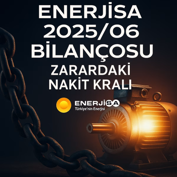 Enerjisa 2025 ilk yarı bilanço analizini temsil eden, güçlü motor ve ağır zincir metaforlu kapak görseli.