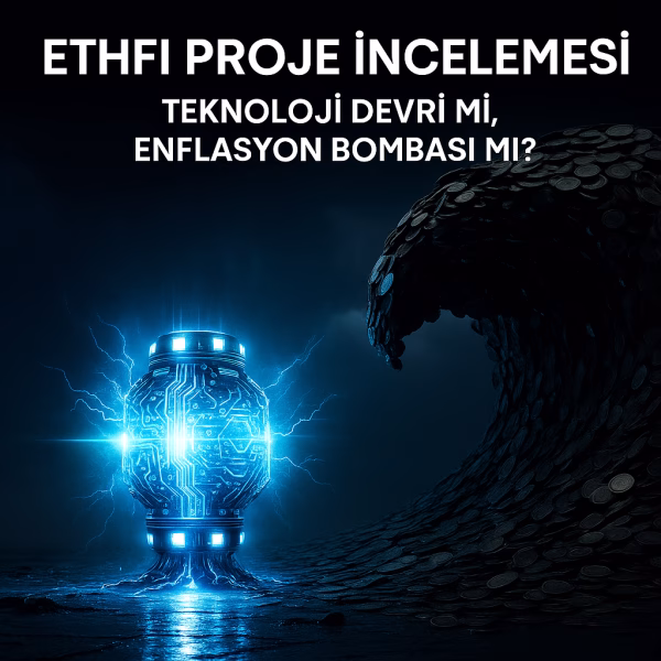 ETHFI (Ether.fi) proje incelemesini temsil eden, teknolojik bir motor ile bir token tsunamisi arasındaki gerilimi gösteren konsept kapak görseli.