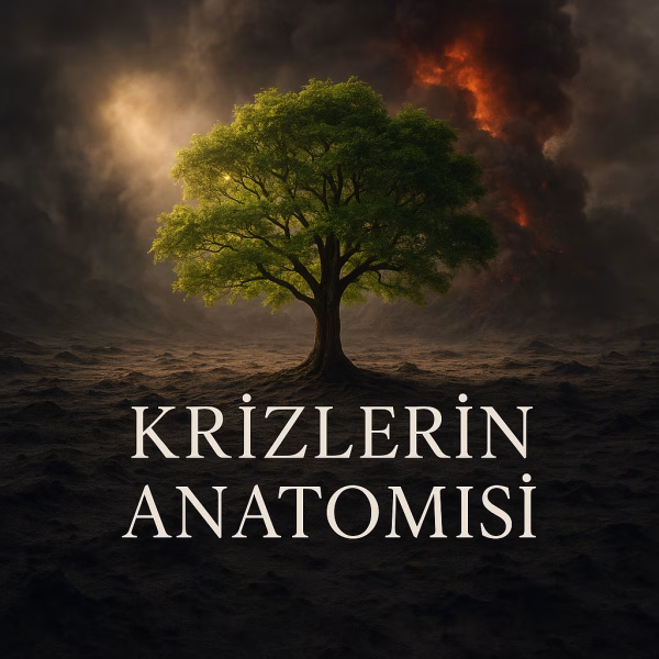 Piyasa çöküşü sonrası ayakta kalmayı simgeleyen, küller arasından yeşeren ağaç ve Krizlerin Anatomisi başlığı.