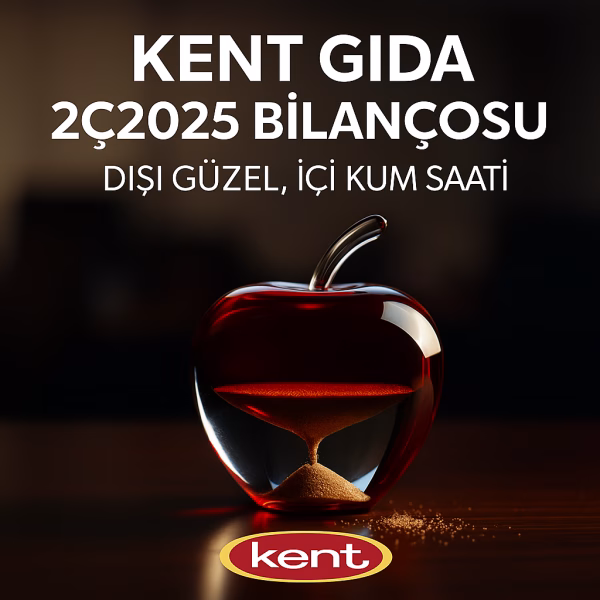 Kent Gıda 2Ç2025 bilanço analizini temsil eden, içinden kum sızan kristal elma metaforu.