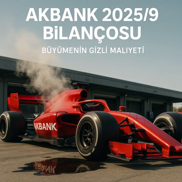 Akbank 2025 üçüncü çeyrek bilanço analizini temsil eden, pit stoptaki motoru dumanlı yarış arabası konsept kapak görseli.