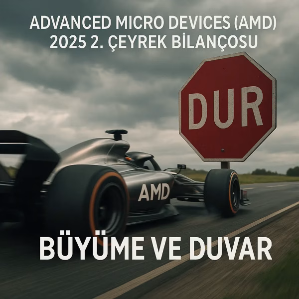 AMD 2025 ikinci çeyrek bilanço analizini temsil eden, duvara çarpan büyüme motoru konseptli kapak görseli.