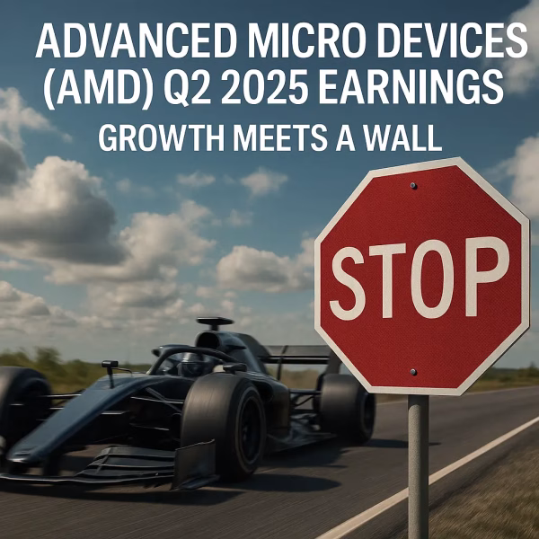 Conceptual cover art for AMD's Q2 2025 earnings analysis, showing a growth engine about to hit a wall.