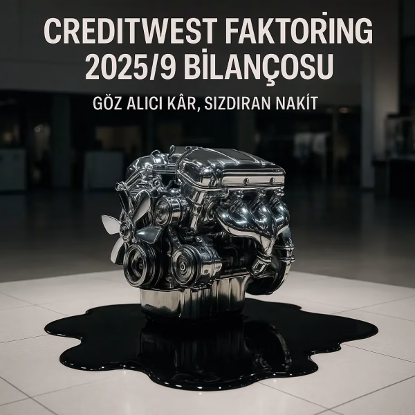 Creditwest Faktoring 2025/9 bilanço analizini temsil eden, parlayan ama yağ sızdıran bir motor metaforu içeren kapak görseli.