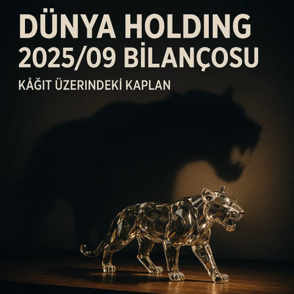 Dünya Holding 2025 9 aylık bilanço analizini temsil eden, parlak bir kaplan heykeli ve onun büyük gölgesini gösteren konsept kapak görseli.