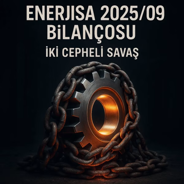 Enerjisa 2025 üçüncü çeyrek bilanço analizini temsil eden konsept kapak görseli: operasyonel gücü simgeleyen parlak bir dişli ve finansal borcu simgeleyen paslı zincirler.