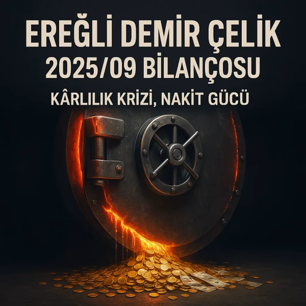Ereğli Demir Çelik 2025 üçüncü çeyrek bilanço analizini temsil eden, eriyen bir kasa ve akan nakit konseptli kapak görseli.