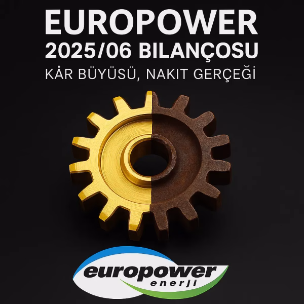 Europower Enerji 2025 ikinci çeyrek bilanço analizini temsil eden, yarısı parlak yarısı paslı bir dişli çark konsept kapak görseli.