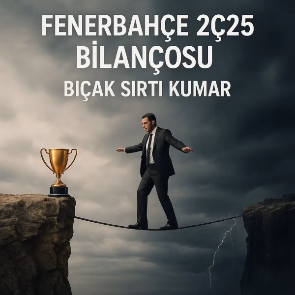 Fenerbahçe 2Ç25 bilanço analizini temsil eden, ip üzerinde yürüyen bir iş adamı konseptli kapak görseli.