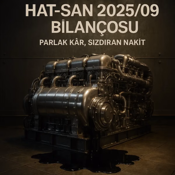 HAT-SAN 2025 üçüncü çeyrek bilanço analizini temsil eden, parlak ama yağ sızdıran bir gemi motoru konsepti.