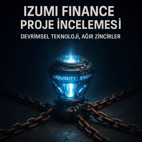Izumi Finance (IZI) proje incelemesini temsil eden, teknolojik motor ve enflasyon zincirleri metaforu içeren konsept kapak görseli.