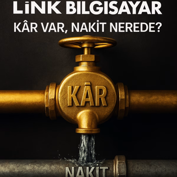 Link Bilgisayar 2025 ikinci çeyrek bilanço analizini temsil eden, kâr ve nakit paradoksunu gösteren konsept kapak görseli.