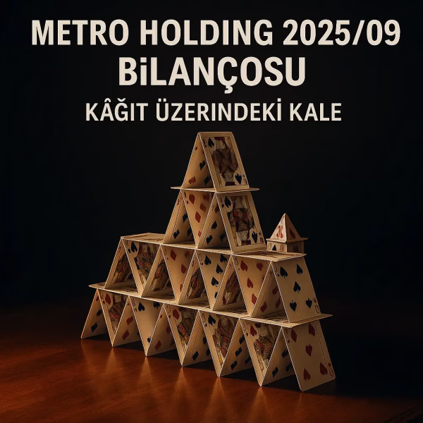 Metro Holding 2025 üçüncü çeyrek bilanço analizini temsil eden, oyun kartlarından yapılmış bir kale konseptli kapak görseli.