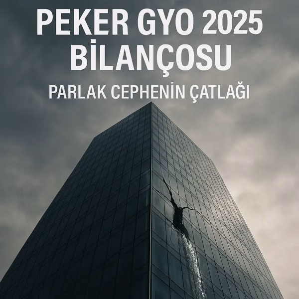 Peker GYO 2025 ikinci çeyrek bilanço analizini temsil eden, çatlak bir gökdelen konsept kapak görseli.