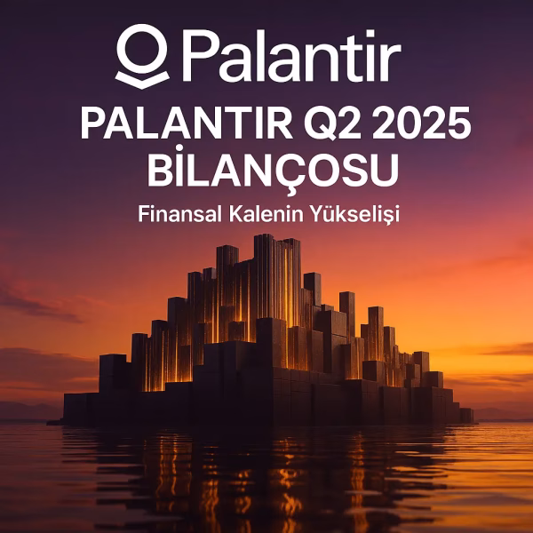 Palantir Q2 2025 bilanço analizini temsil eden, veri akışlarından oluşan bir finansal kale konsept kapak görseli.