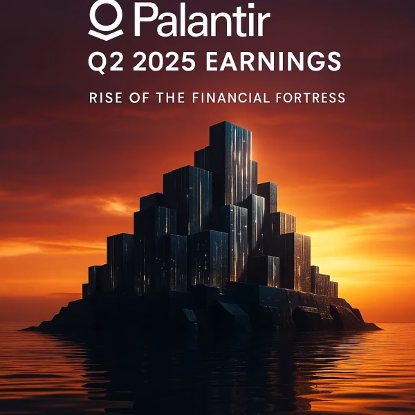 Conceptual cover art for Palantir Q2 2025 earnings analysis, featuring a financial fortress made of data streams.