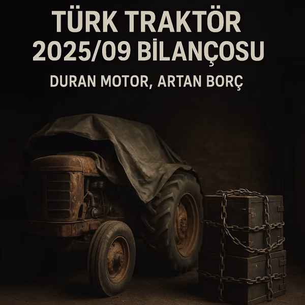 Türk Traktör 2025 üçüncü çeyrek bilanço analizini temsil eden, durmuş bir motor ve borç metaforu içeren kapak görseli.