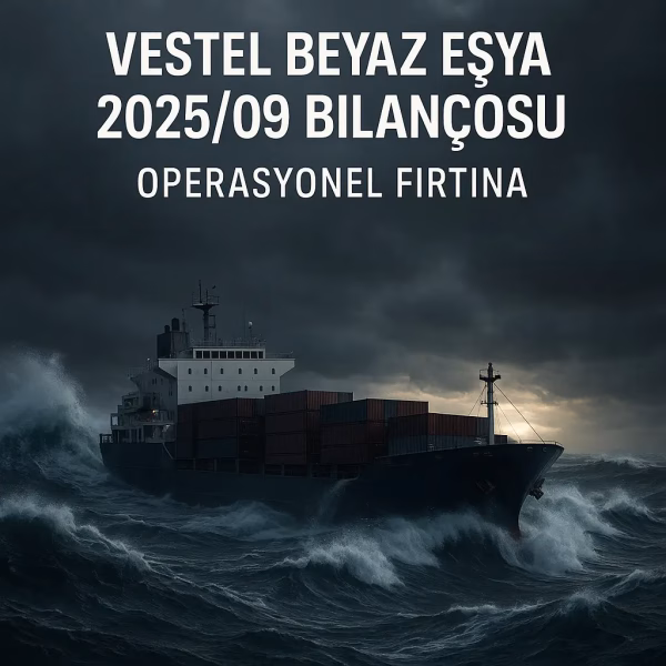 Vestel Beyaz Eşya 2025 üçüncü çeyrek bilanço analizini temsil eden fırtınalı denizdeki gemi konsepti kapak görseli.