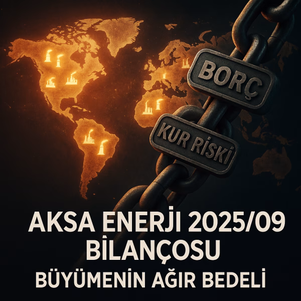 Aksa Enerji (AKSEN) 2025 dokuz aylık bilanço analizini temsil eden, küresel büyüme ve borç riskini gösteren konsept kapak görseli.