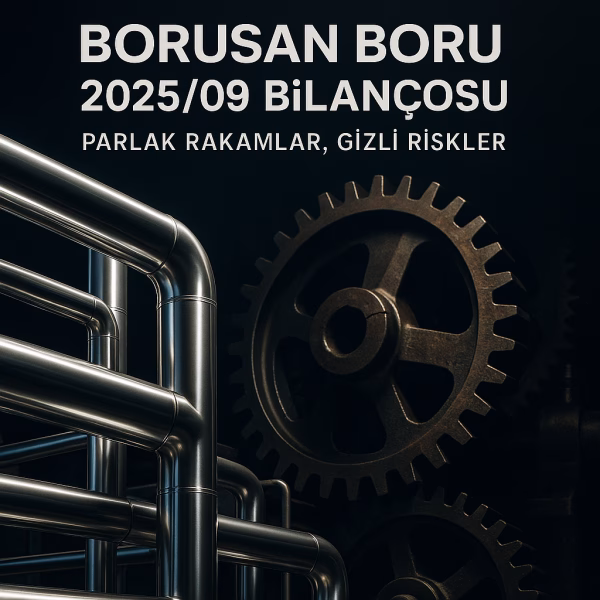 Borusan Boru 2025 üçüncü çeyrek bilanço analizini temsil eden, parlak çelik borular ve gölgedeki riskli bir dişli mekanizması konseptli kapak görseli.