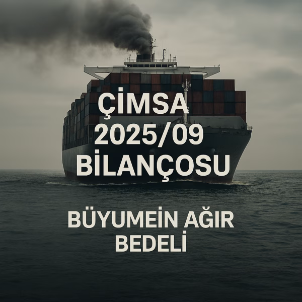 Çimsa 2025/09 bilanço analizini temsil eden ve ağır yük altında ilerleyen bir kargo gemisi konsept kapak görseli.