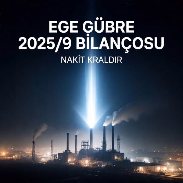 Ege Gübre 2025/9 bilanço analizini temsil eden, fabrikadan çıkan güçlü ışık hüzmesi konseptli kapak görseli.