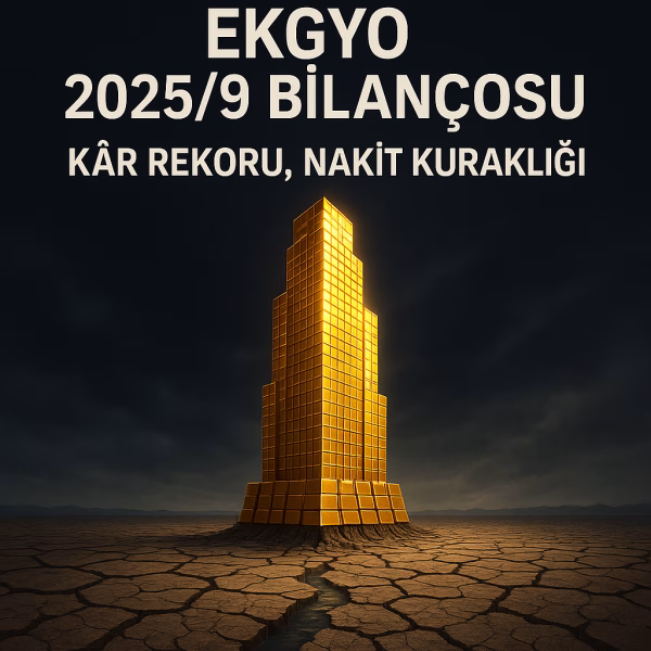 Emlak Konut GYO 2025 3. çeyrek bilançosunda yüksek kârı ve nakit sıkışıklığını temsil eden altın bina ve kuru zemin görseli.