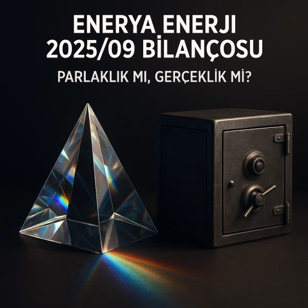 Enerya Enerji 2025 üçüncü çeyrek bilanço analizini temsil eden konsept kapak görseli: kristal prizma ve metal kasa.