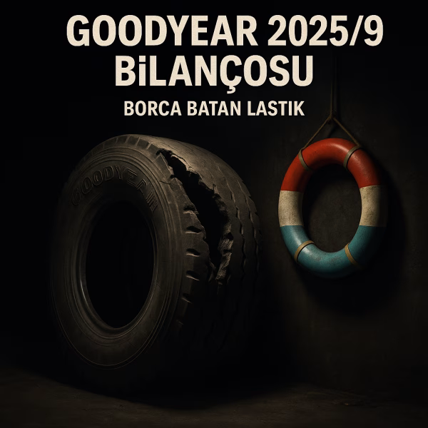 Goodyear 2025 üçüncü çeyrek bilanço analizini temsil eden, patlak bir lastik ve can simidi konseptli kapak görseli.