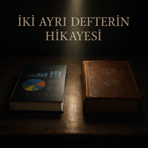 Şirketlerin yatırımcı ve vergi dairesi için tuttuğu iki farklı defter arasındaki stratejiyi anlatan konsept kapak görseli.