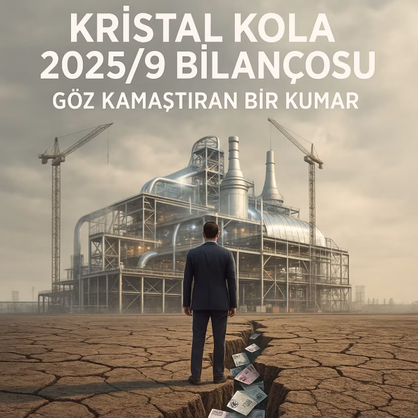 Kristal Kola 2025/9 bilanço analizini temsil eden konsept kapak görseli: Fabrika yatırımı ve likidite riski.