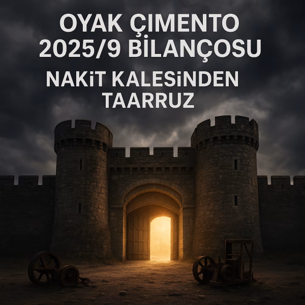 OYAK Çimento 2025/9 bilanço analizini temsil eden, içinden ışık sızan bir kale konseptli kapak görseli.